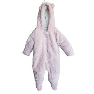 Wonder Nation 3-6M Plush Bunting BodySuit Baby Pink Hooded Footed Suit Ears New
